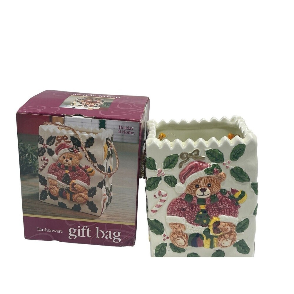 Teddy Bear Dressed As Santa Porcelain Bag Figurine With Box